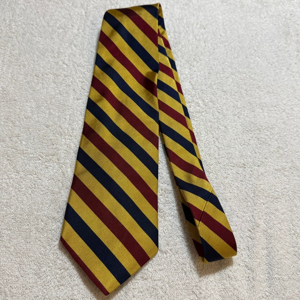 Brooks Brothers Makers Silk Tie Gold Burgundy Navy Blue Striped Rep USA Made